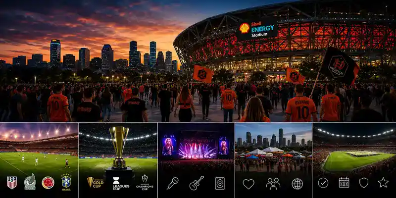 Shell Energy Stadium in Houston hosting international soccer matches, concerts, championships, and major community events with large crowds, illuminated stadium lights, supporter flags, live entertainment stages, and downtown Houston skyline views at sunset.